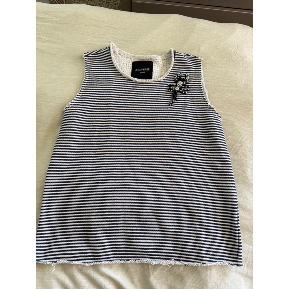 Le Superbe Striped Sleeveless‎ Tank Top L Beaded Bug Embellished Navy White Knit